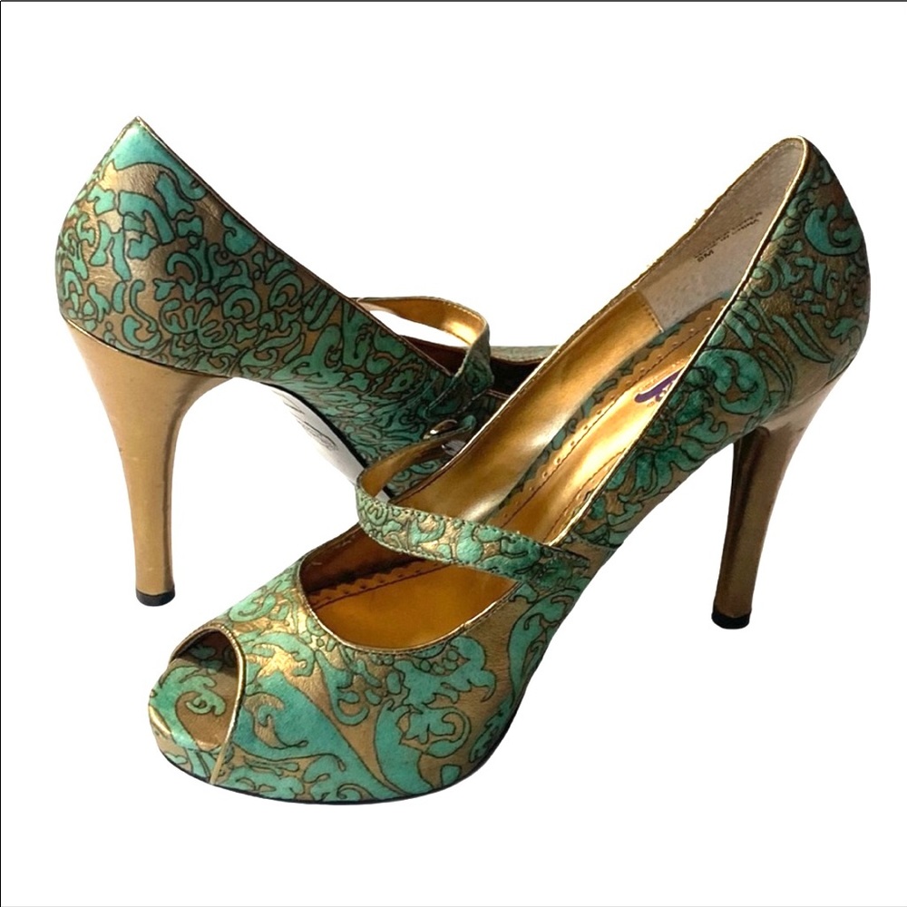 Hale Bob Teal Leather Peep Toe Maryjane Stiletto